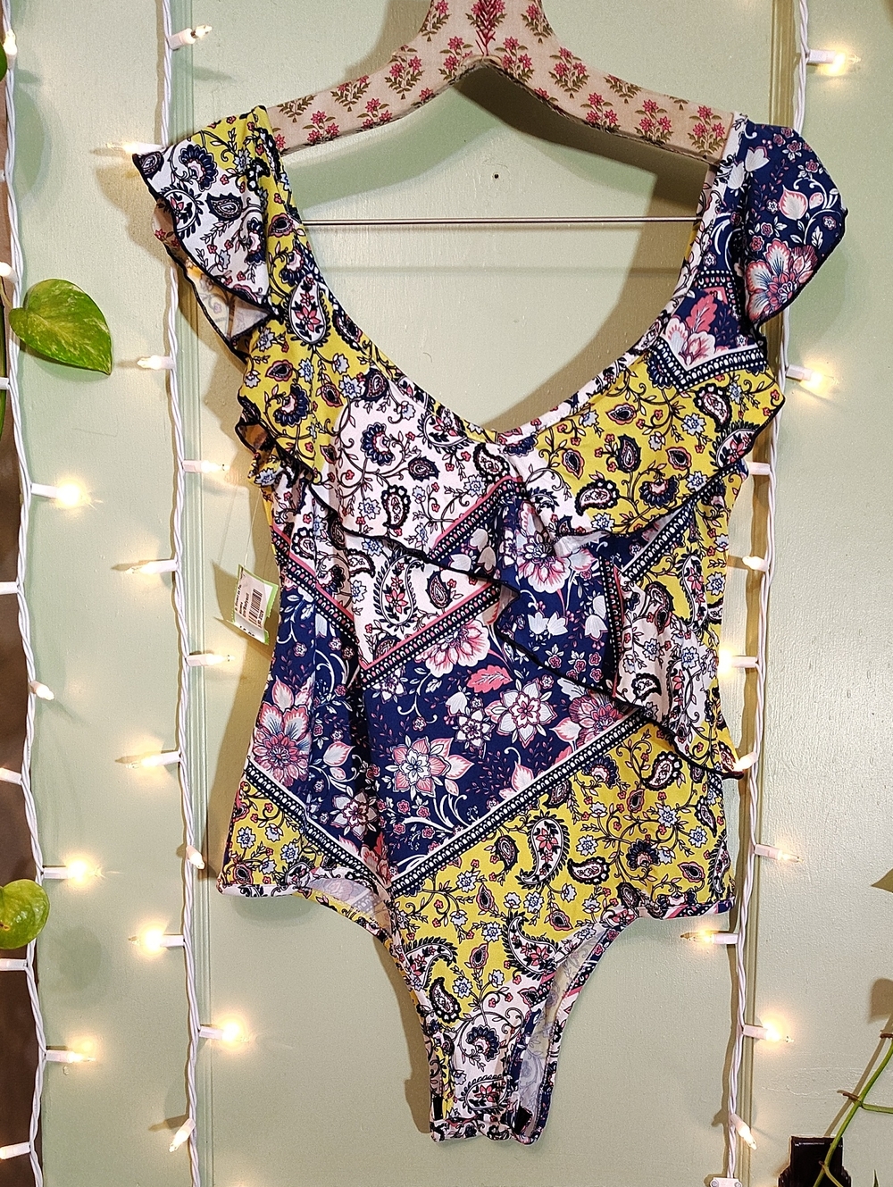 Women's Marci Paisley Yellow Blue Pink White Bodysuit NWT XL